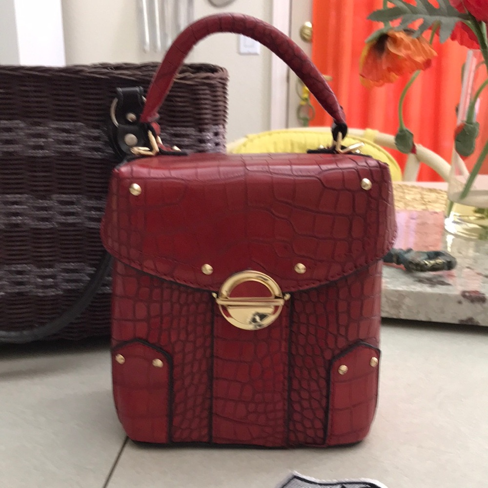 Top-Handle Croc-Embossed Red Satchel with Gold Hardware